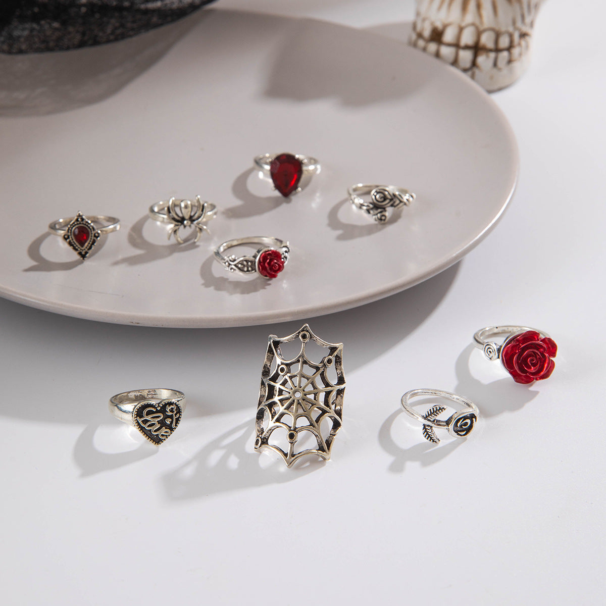 Wholesale Punk style dark heart-shaped inlaid red rose ring set